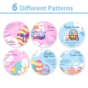 Set of 6 Happy Easter stickers featuring colorful eggs, bunnies and chicks on white background