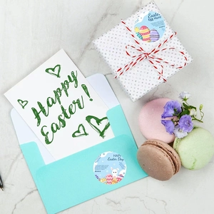 Colorful Easter egg and bunny stickers set on gift boxes and envelopes for festive decor
