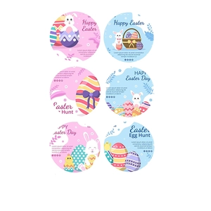 Set of six colorful Happy Easter stickers with cartoon bunnies and eggs on white background