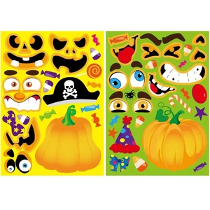 DIY Halloween pumpkin stickers set with funny faces and spooky decorative party elements