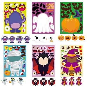 Halloween DIY face sticker set featuring 6 creative monster and pumpkin designs for kids