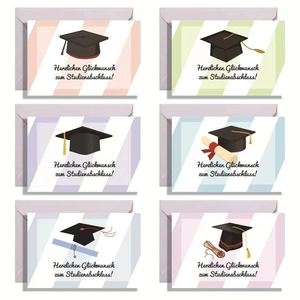 Set of six German graduation cards with mortarboard designs and envelopes for university students