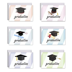Set of 6 colorful graduation cards with mortarboard designs and white envelopes