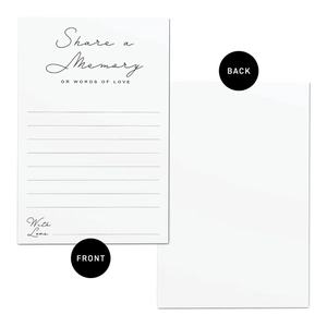 Tarjetas Share a Memory blancas minimalistas con texto negro para bodas y memoriales