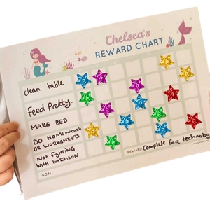 Holographic mermaid reward chart for kids with colorful glitter star stickers for goals