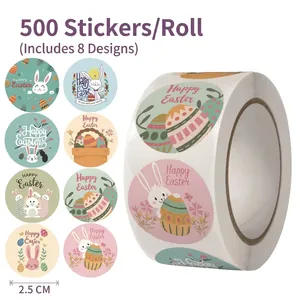 Osteraufkleber Rolle mit 8 Designs, Hasen und Eier, 500 Stück, 2,5 cm Durchmesser