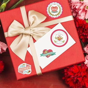 Floral Mother's Day stickers with I LOVE YOU MOM message on gift boxes and cards
