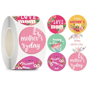 Roll of assorted floral Happy Mother's Day stickers with pink roses and elegant typography