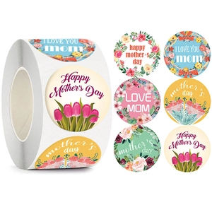 Roll of assorted Mother's Day floral stickers with Happy Mother's Day and floral patterns