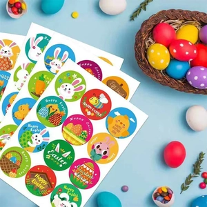 Kleurrijke Vrolijk Pasen DIY-stickerset met cartoonkonijnen, eieren en kuikens