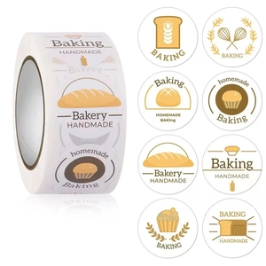 Detail view of 8 vintage baking sticker designs including bread and cupcake patterns