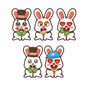 Easter cartoon bunny DIY stickers featuring five assorted rabbit designs with eggs