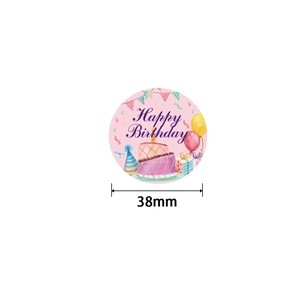 1.5 inch round pink Happy Birthday stickers with watercolor cake and balloon designs