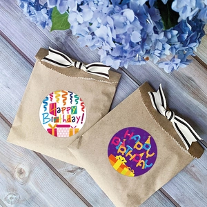 1.5 inch Happy Birthday gift bags with 8 pattern stickers and striped ribbon bows