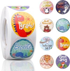 Detail of 4cm dinosaur reward stickers for kids with German motivational text