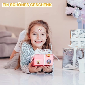 Child holding a gift box with cute animal motivational stickers for student rewards