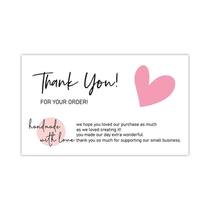 Pink heart Thank You cards for small business orders with handmade with love message
