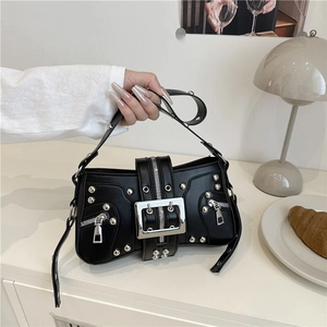 Women Retro Y2K Punk Shoulder Bag PU Leather Rivet Decorative Zipper Large Metal Buckle Underarm Bag Daily Party Fashion Handbag