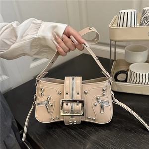 Retro cream beige punk style shoulder bag with silver studs and decorative buckles
