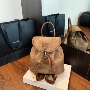 Retro washed canvas backpack with leather trim and drawstring flap for women's daily use
