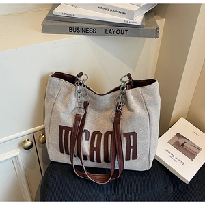 Detail of beige canvas tote bag with MICADA lettering, leather handles, and silver chains