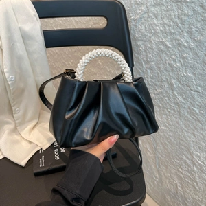 Elegant Artificial Pearl Handle Pleated Cloud Bag PU Leather Crossbody Handbag Fashionable Ruched Evening Purse Lady Travel Bag