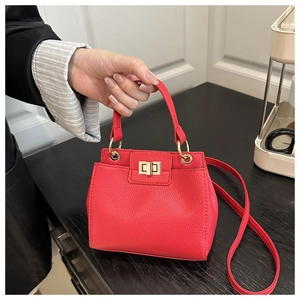 Detailed view of red litchi grain handbag with gold clasp and slender crossbody strap