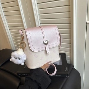 Women Mini Bucket Bag PU Leather Heart Shaped Lock Crossbody Bag Cute Cartoon Cat Print Fashion Square Shoulder Bag