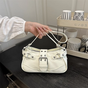 Y2K style white PU leather underarm bag with silver rivets and buckle details