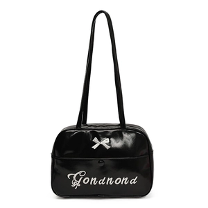 Minimalist black glossy shoulder bag with white bow and Gondnond embroidery for travel