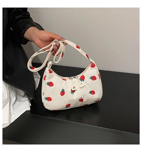 Detail view of large corduroy tote bag with strawberry prints and double triangle zippers