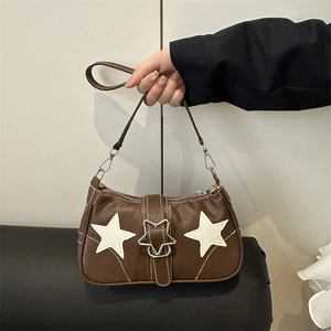 Retro brown star denim shoulder bag with white stitching and star metal buckle