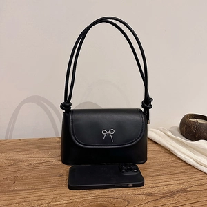 Women PU Leather Shoulder Bag Metal Bow Decor Minimalist Square Crossbody Bag Underarm Small Flap Purse Daily Fashion Bag