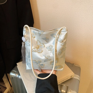 Women New Chinese Style Butterfly Embroidery Shoulder Bag Large Capacity Nylon Satin Look Crossbody Bag With Tassel Handbag