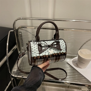 Women's Sweet Retro Boston Bag PU Leather Canvas Splicing Star Plaid Pattern Bowknot Ruffle Crossbody Shoulder Handbag For Girls