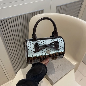 Chic blue star print and plaid patchwork handbag with lace ruffles and a cute bow charm