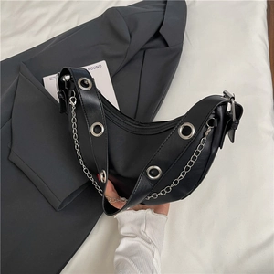 Stylish black PU leather hobo bag with silver eyelets and chain detail for women