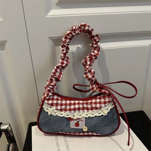 Canvas Plaid Patchwork Shoulder Bag For Women Large Capacity Printed Bow Ruffle Strap Commuter Tote Bag Urban Minimalist Casual Daily Bag