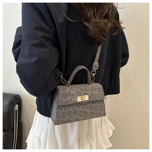 Detail of grey leopard print bag featuring a gold metal twist lock and matte texture