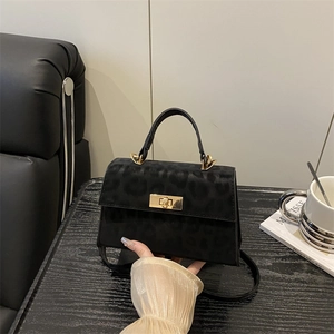 Vintage Leopard Print Kelly Shoulder Bag Faux Suede Texture Metallic Lock Small Handbag Crossbody Bag For Women Fashion Bag