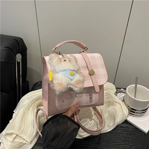 Piccolo zaino rosa a scacchi con ciondolo a forma di orso e fibbia in metallo chic