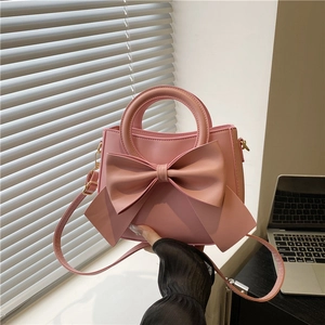 Women PU Leather Large Bow Shoulder Bag Ring Handle Crossbody Handbag Topstitching Minimalist Fashion Commuting Tote Bag