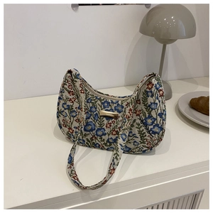 Detailed view of vintage floral underarm bag with hobo silhouette and gold clasp