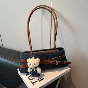 Women Retro Denim Underarm Bag With PU Leather Strap Metal Buckles Korean Fashion Denim Shoulder Bag With Teddy Bear Charm