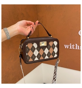 Detail of vintage argyle pattern handbag featuring gold twist lock and woven strap