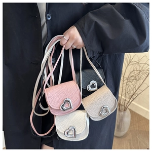Mini heart buckle crossbody bags for kids in pink, black, beige, and white colors