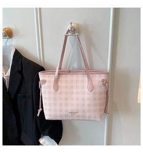 Pink and white gingham tote bag with long shoulder straps and drawstring side details