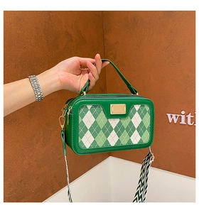 Green checkered crossbody bag with wide shoulder strap and gold hardware detail