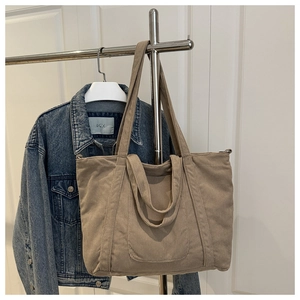 Detail of khaki corduroy tote bag showing ribbed texture and sturdy handles for women