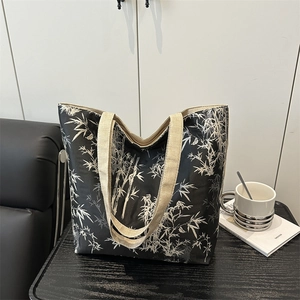New Chinese Style Bamboo Print Tote Bag Large Capacity Canvas Shoulder Bag For Women Commuting Student Casual Handbag